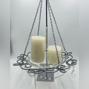 Vintage Metal Hanging Candle Garden Chandelier w/ Acrylic Crystals & Glass Tray